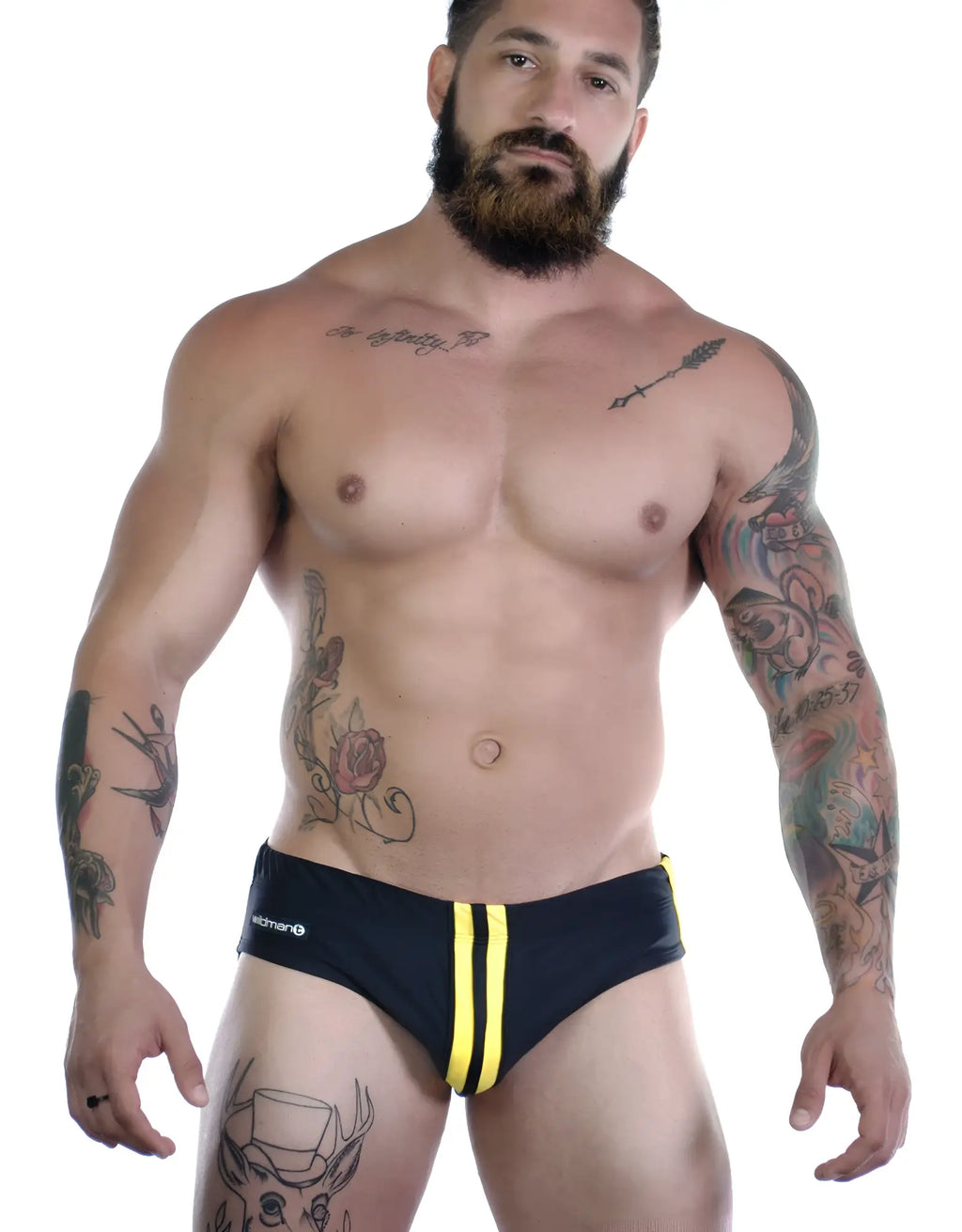 Sportivo black bikini with two vertical yellow stripes on the front and a small logo on the hip.