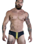 Sportivo black bikini with two vertical yellow stripes on the front and a small logo on the hip.