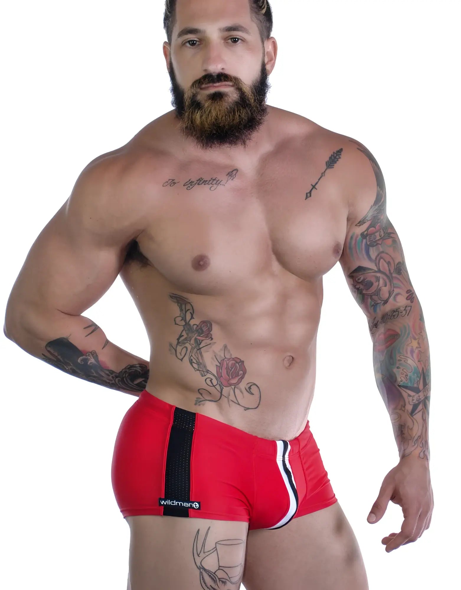 Sportivo Square Cut in red featuring black mesh side panels, a vertical white stripe, and Wildman branding.