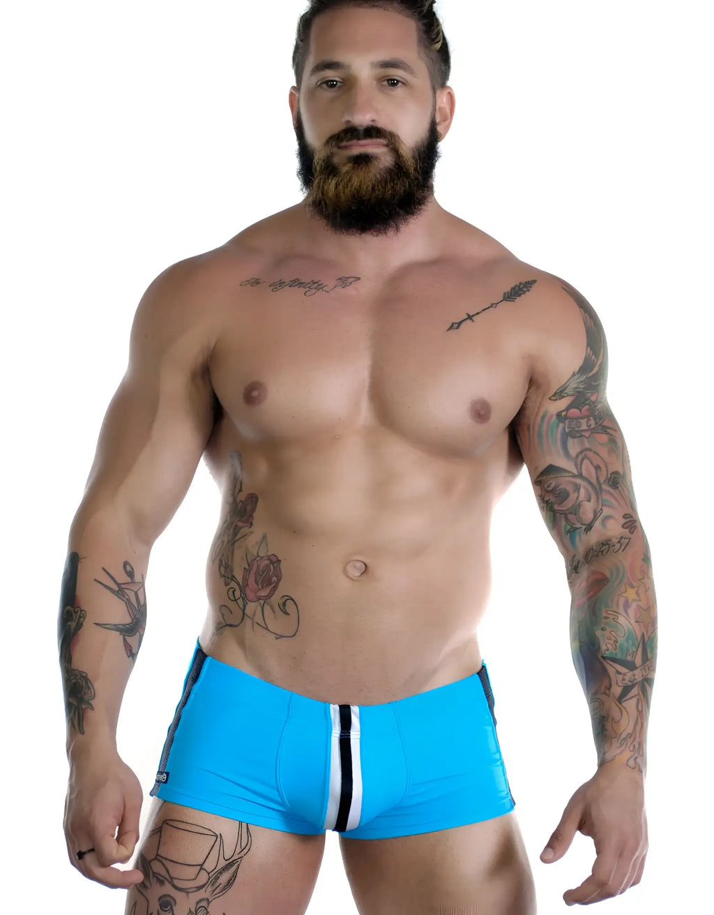 Sportivo Square Cut Teal: vibrant blue square-cut swim trunks with a white and black center vertical stripe.