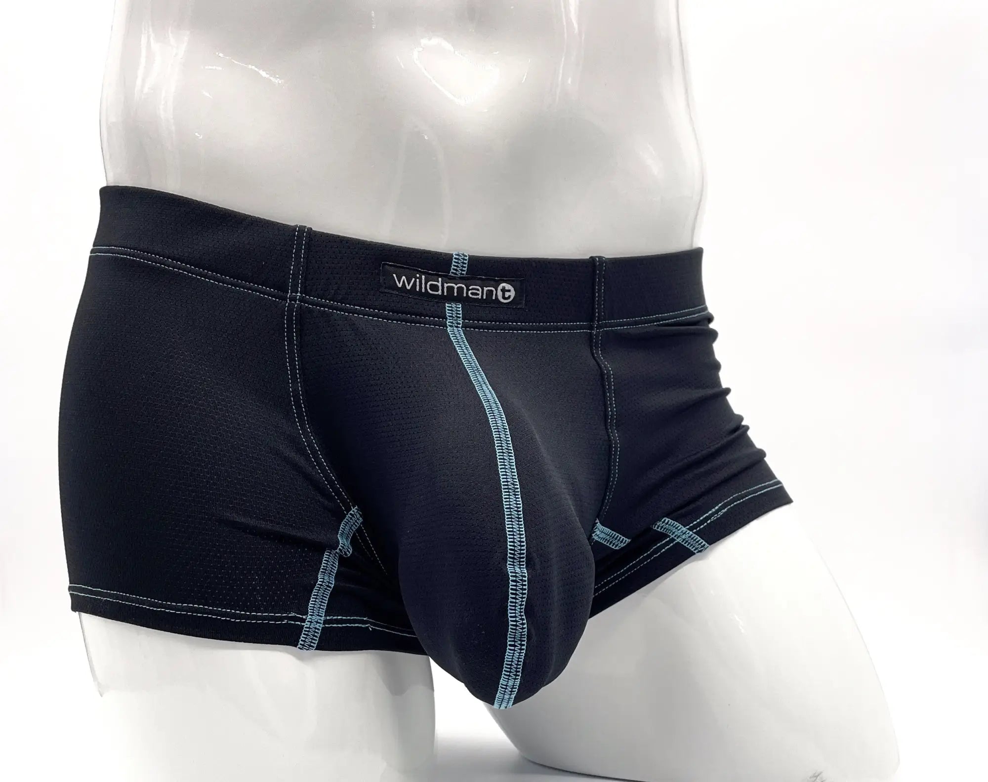 Black WildmanT boxer briefs with a contoured pouch and contrasting blue stitching on a mannequin.