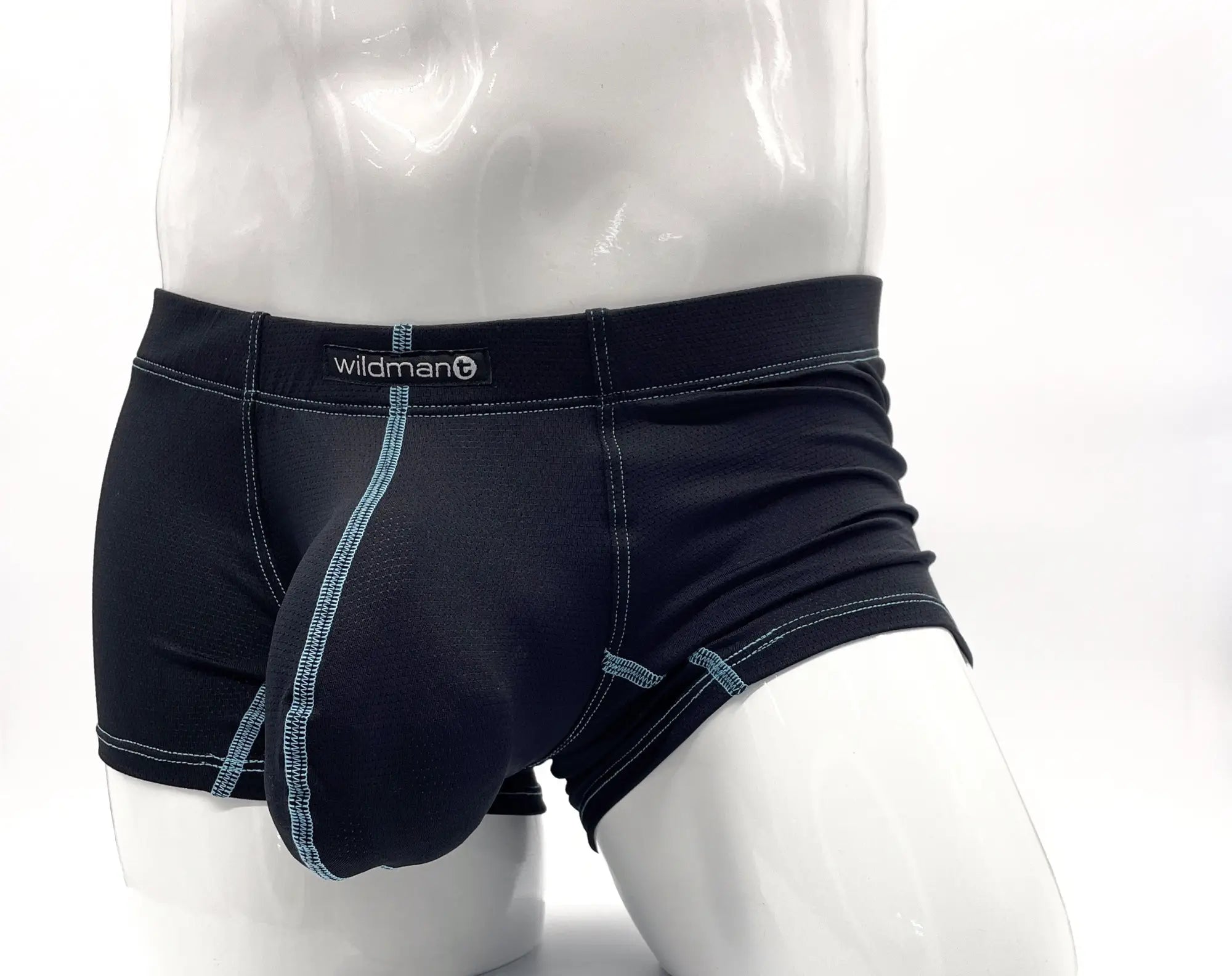 Black WildmanT boxer briefs with a large contoured pouch, featuring blue contrast stitching on a mannequin.