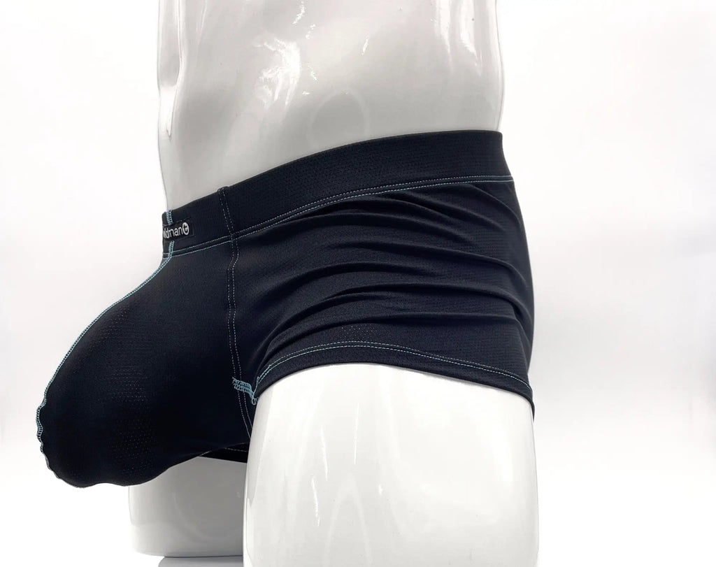 Black pouch boxer briefs on a mannequin, featuring a contoured front, mesh texture, and light blue contrast stitching.