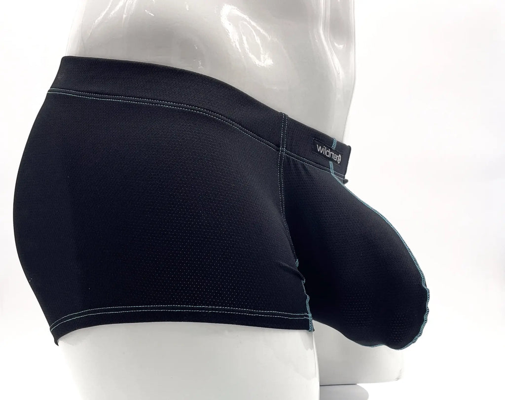 Black mesh boxer briefs with a prominent front pouch, blue accent stitching, and a "wildman" logo label on a mannequin.