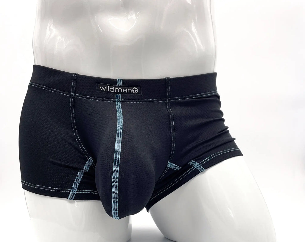 Black boxer briefs with a contoured pouch, featuring blue contrast stitching and a "wildmanT" logo on the waistband.