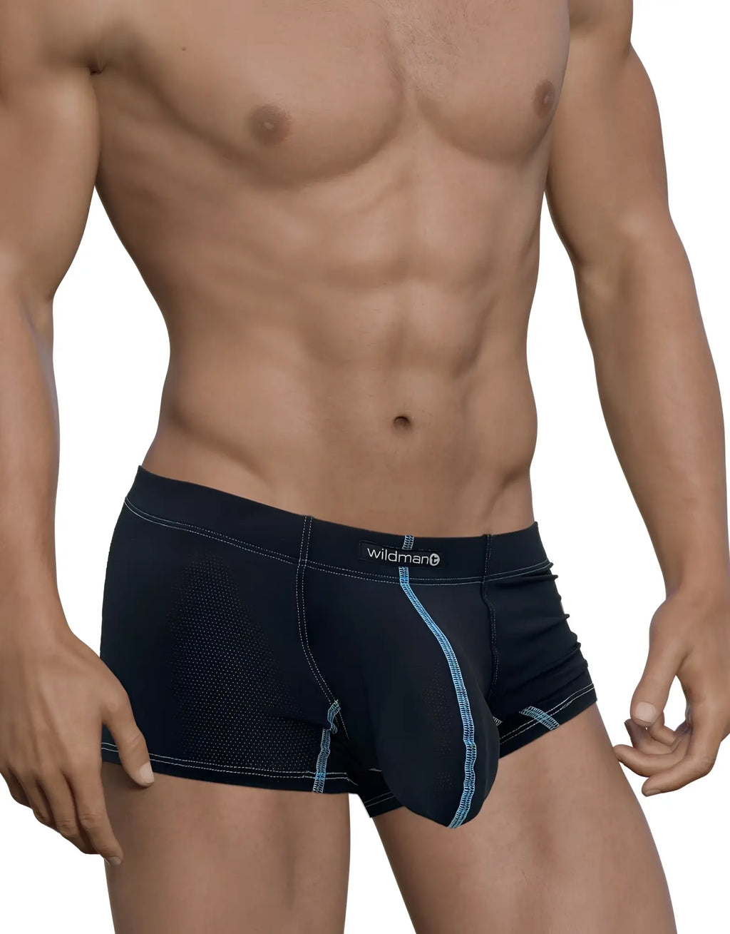 Blue boxer briefs with a front pouch, textured mesh fabric, and contrasting blue stitching. Wildman logo on waistband.