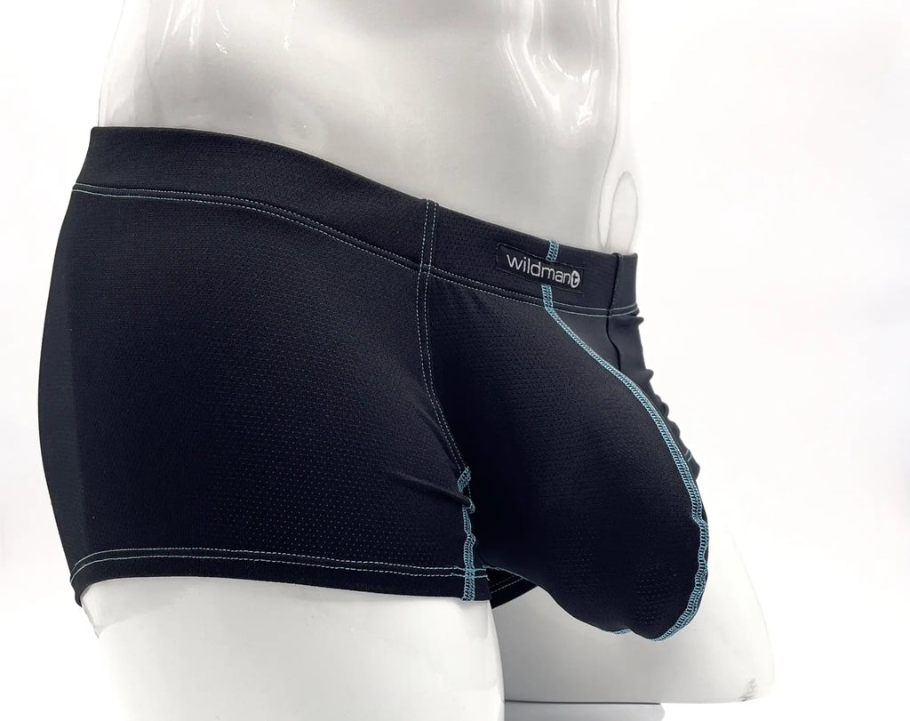 Black Big Boy pouch boxer briefs with blue contrast stitching on a mannequin, featuring a Wildman logo tag.