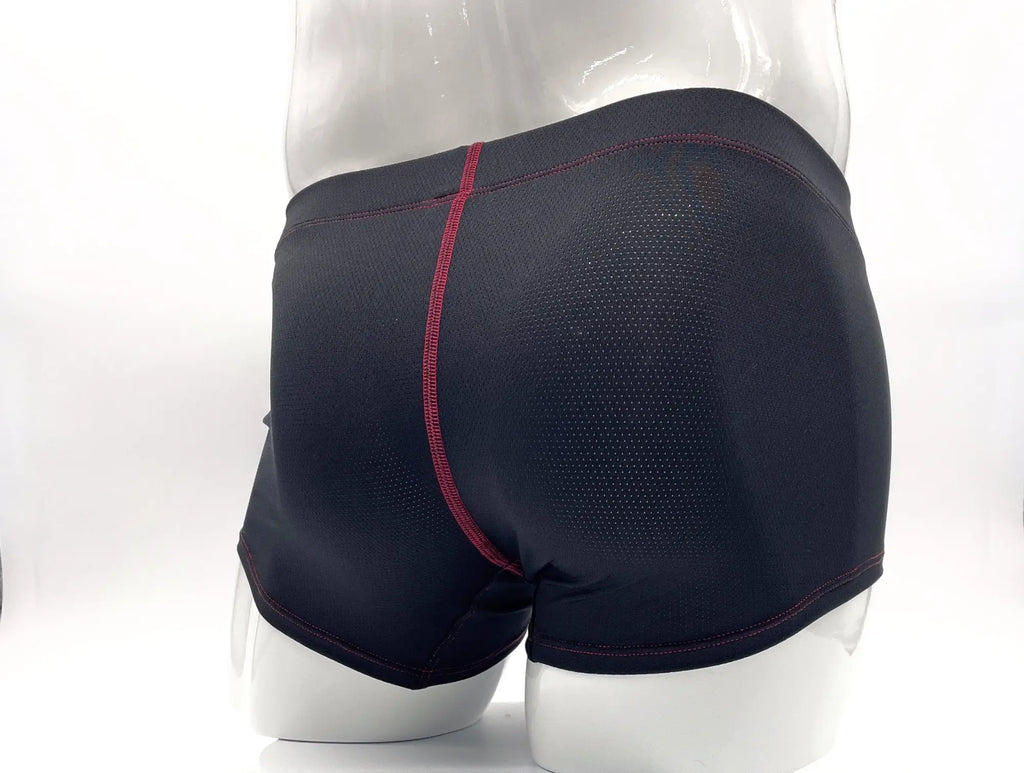 Black mesh boxer briefs with red contrast stitching, shown from the back on a white mannequin.