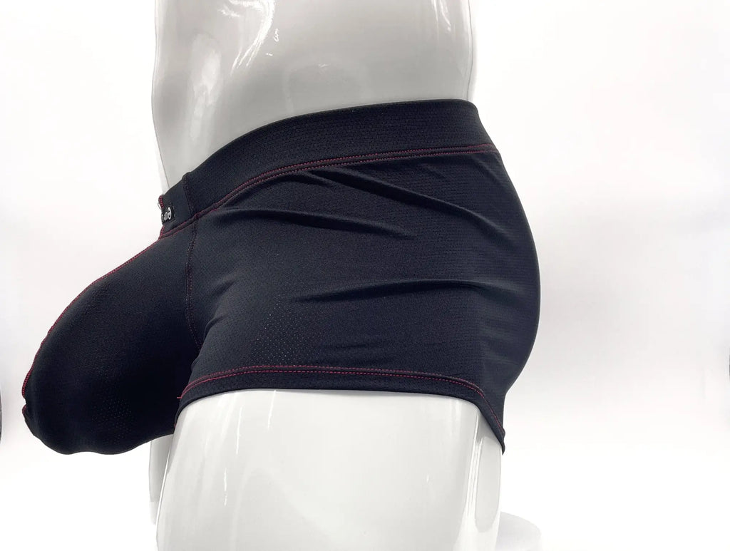 Stitch Big Boy black boxer brief with a contoured pouch, featuring red contrast stitching on a white mannequin.