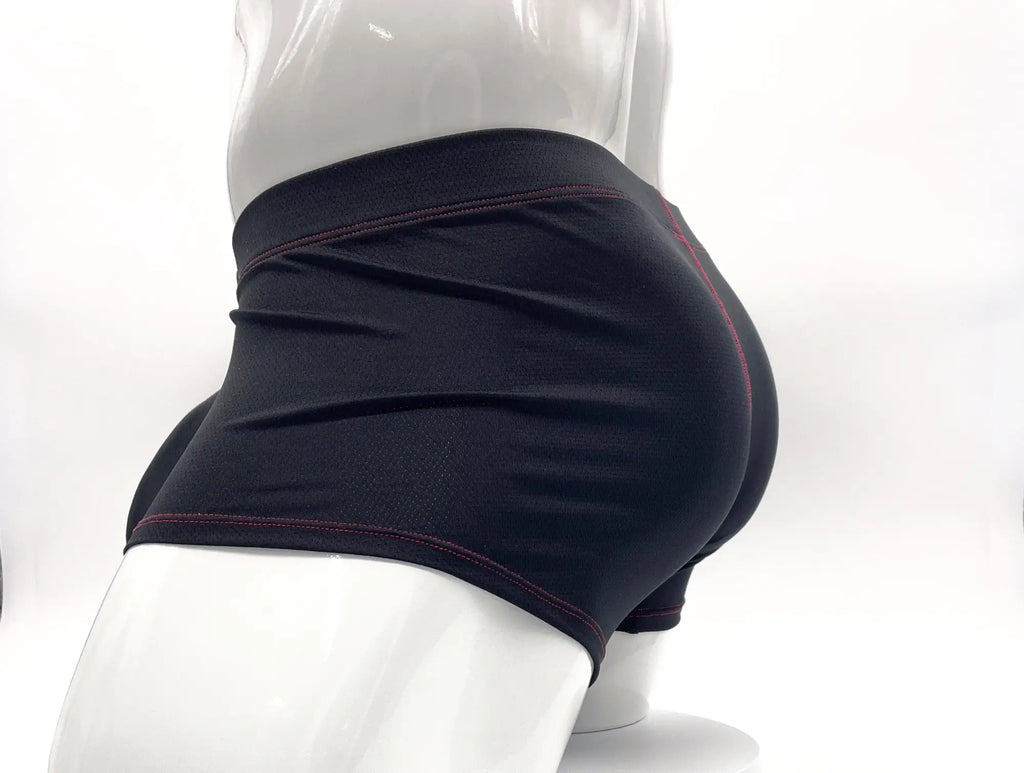 Black Big Boy pouch boxer briefs with red contrast stitching, shown from the side on a white mannequin.