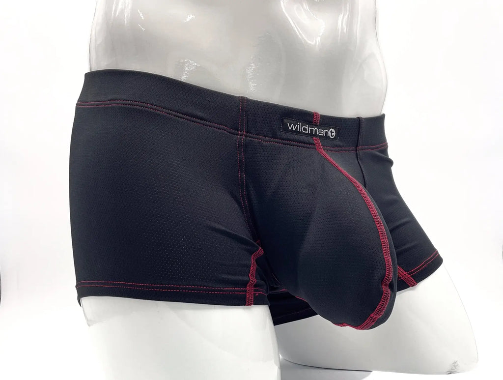 Black Stitch Big Boy pouch boxer brief with textured fabric and contrasting red stitching on a mannequin.