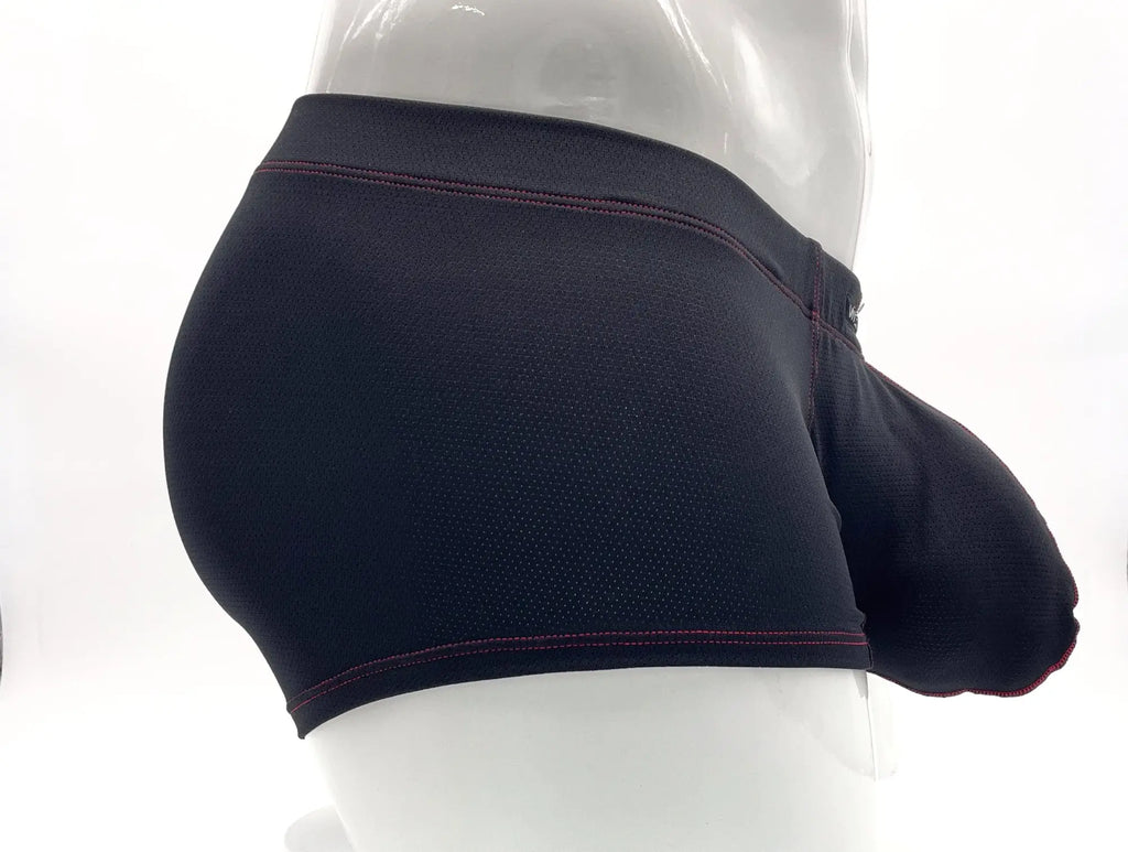 Black mesh pouch boxer briefs with red contrast stitching on a mannequin, side view.