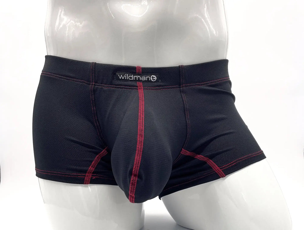 Black Stitch Big Boy pouch boxer briefs with red contrast stitching and a "wildmant" logo on a mannequin.