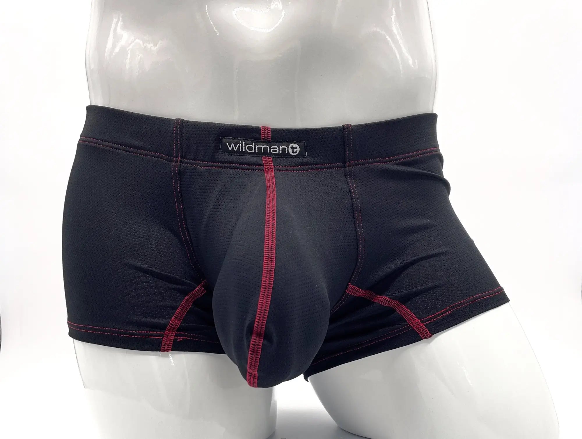 Black Stitch Big Boy pouch boxer briefs with red contrast stitching and a "wildmant" logo on a mannequin.