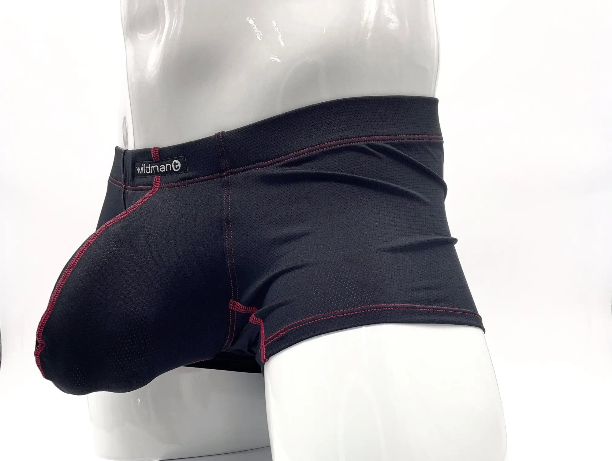 Black mesh pouch boxer briefs with red contrast stitching and Wildmant brand logo on the waistband, worn on a mannequin.