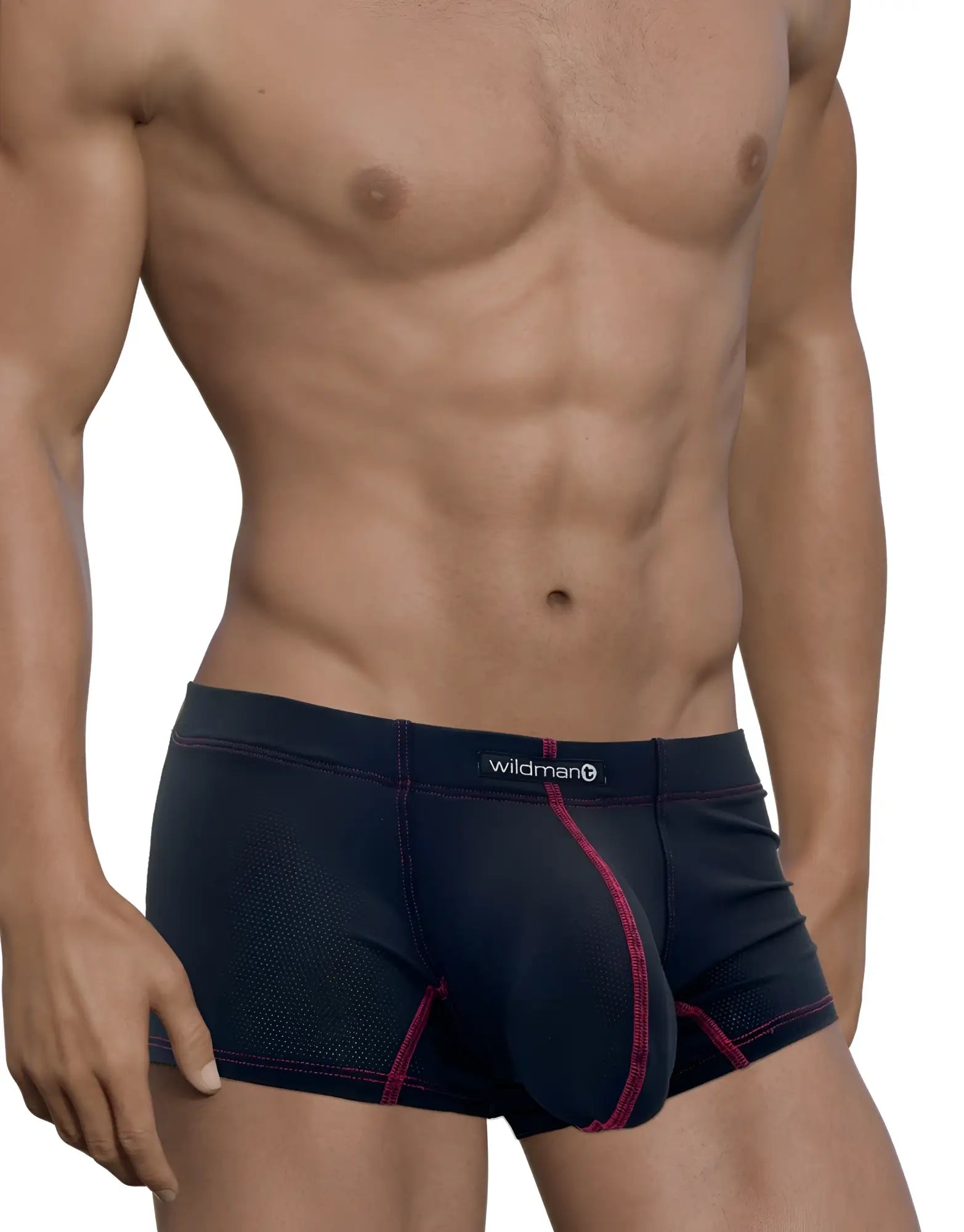 Black boxer briefs with a large contoured pouch, red stitch detailing, and a Wildman brand logo on the waistband.