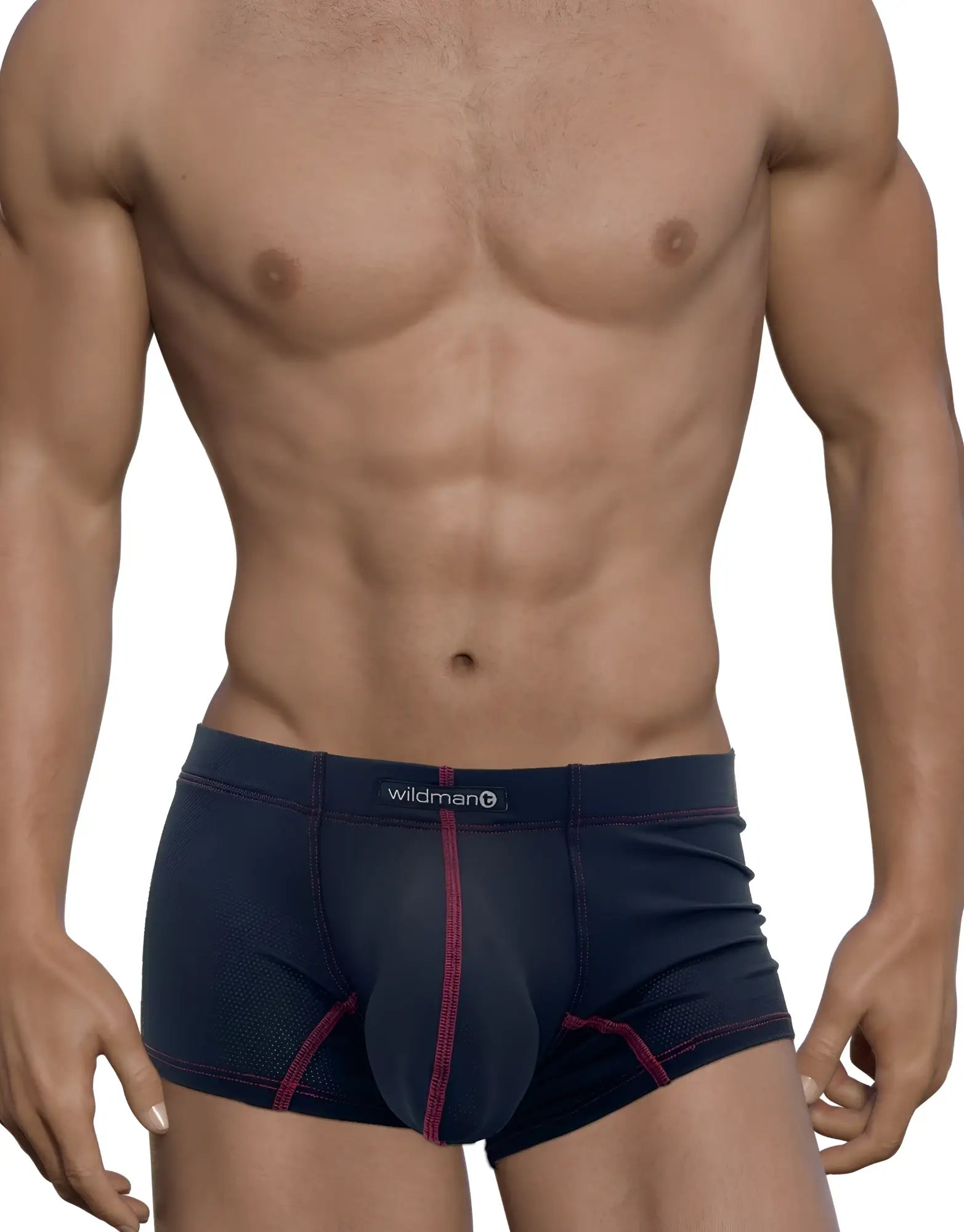 Dark navy athletic mesh boxer briefs with red contrast stitching, a contoured front pouch, and "wildman" logo tag.