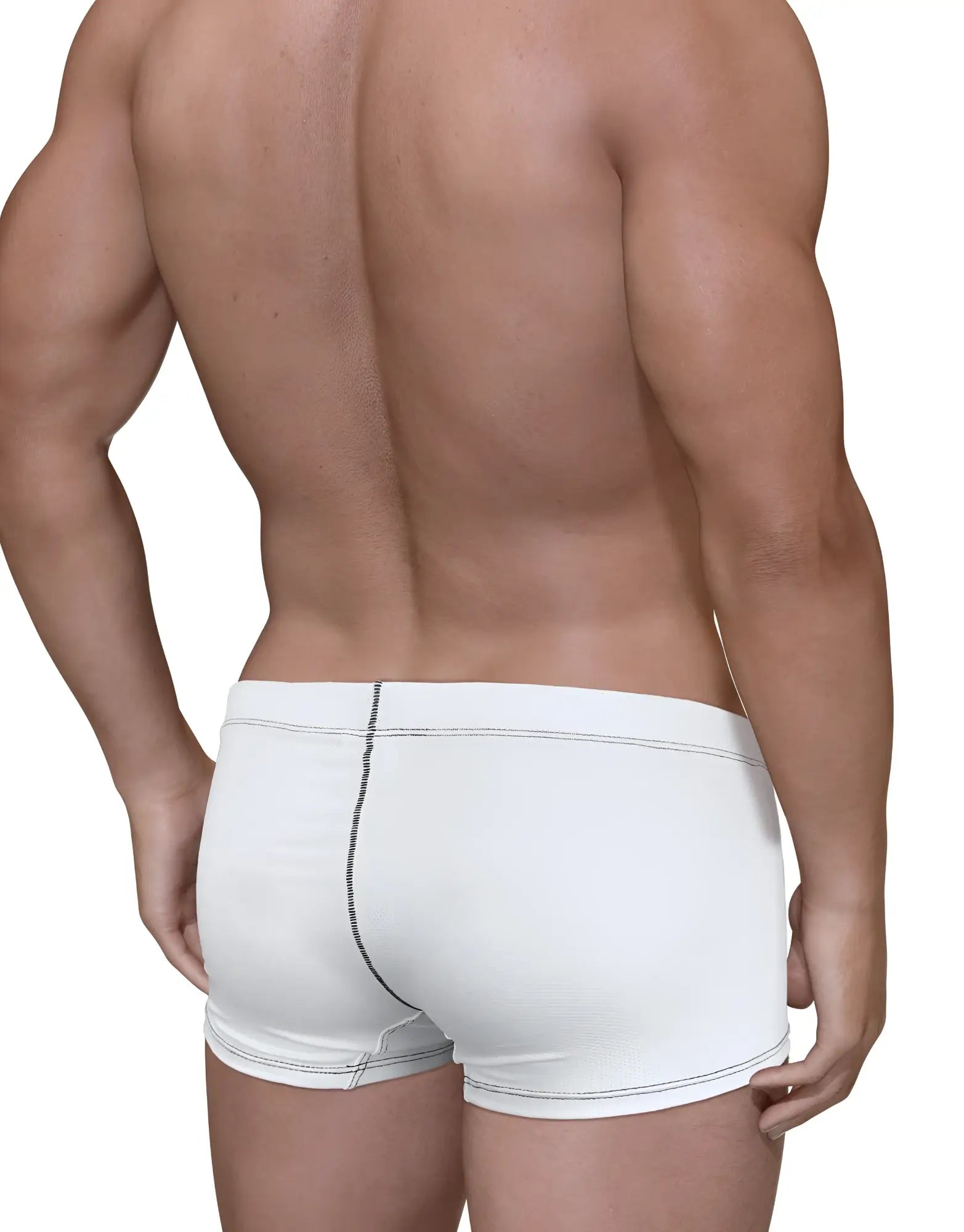 Back view of white boxer briefs featuring a textured mesh fabric and prominent black contrast stitching.