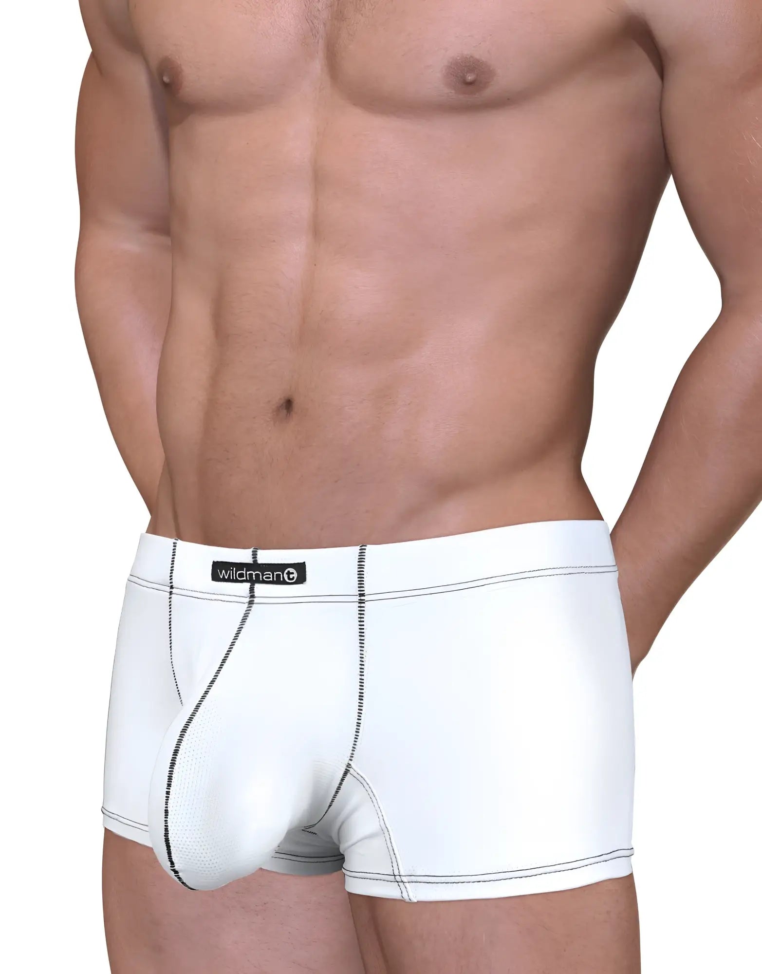 White Stitch Big Boy pouch boxer briefs with black contrast stitching and a WildmanT logo tag on the waistband.