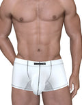 White Stitch Big Boy pouch boxer briefs with black contrast stitching and a centered black logo patch.