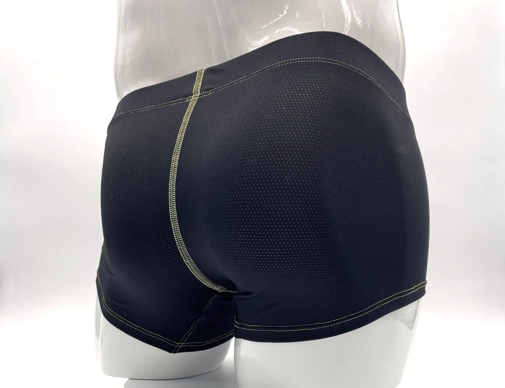Stitch Big Boy Pouch Boxer Brief in black, featuring yellow stitching, on a mannequin. Back view of perforated fabric.
