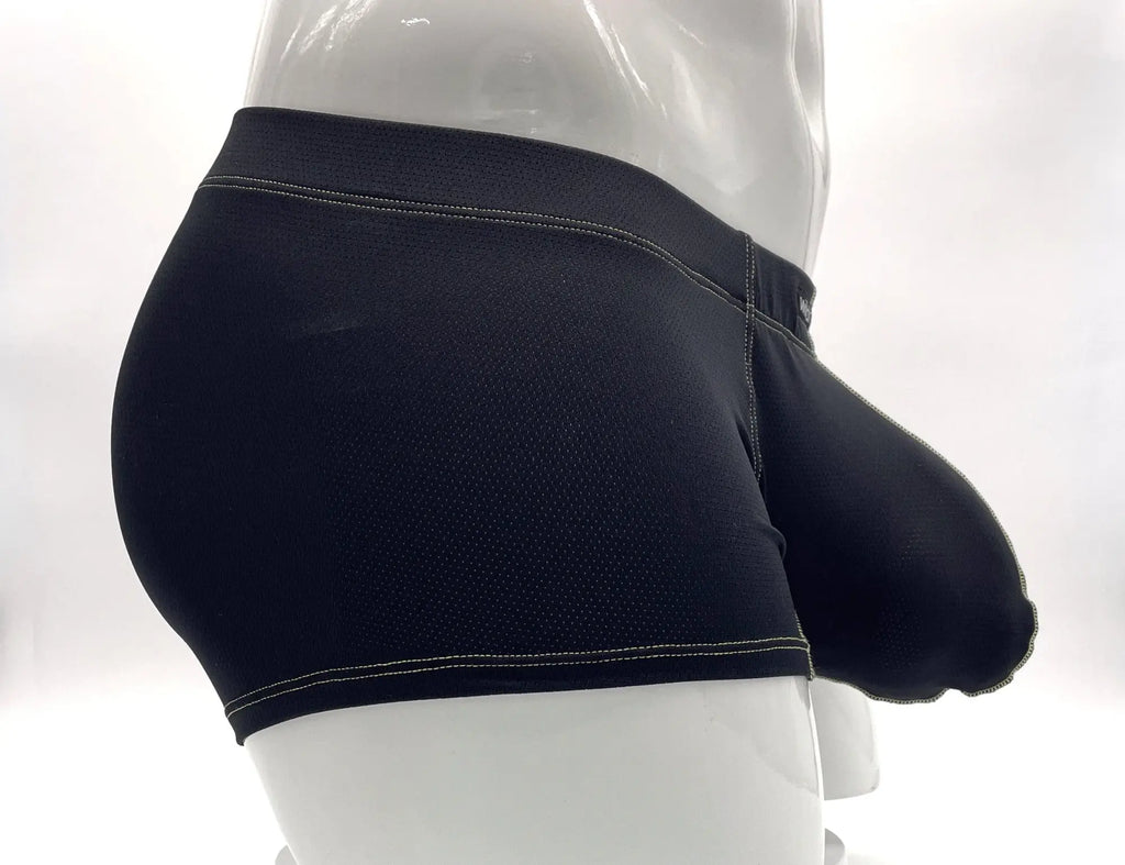 Black mesh boxer briefs with a front pouch and visible yellow contrast stitching, shown on a mannequin torso.