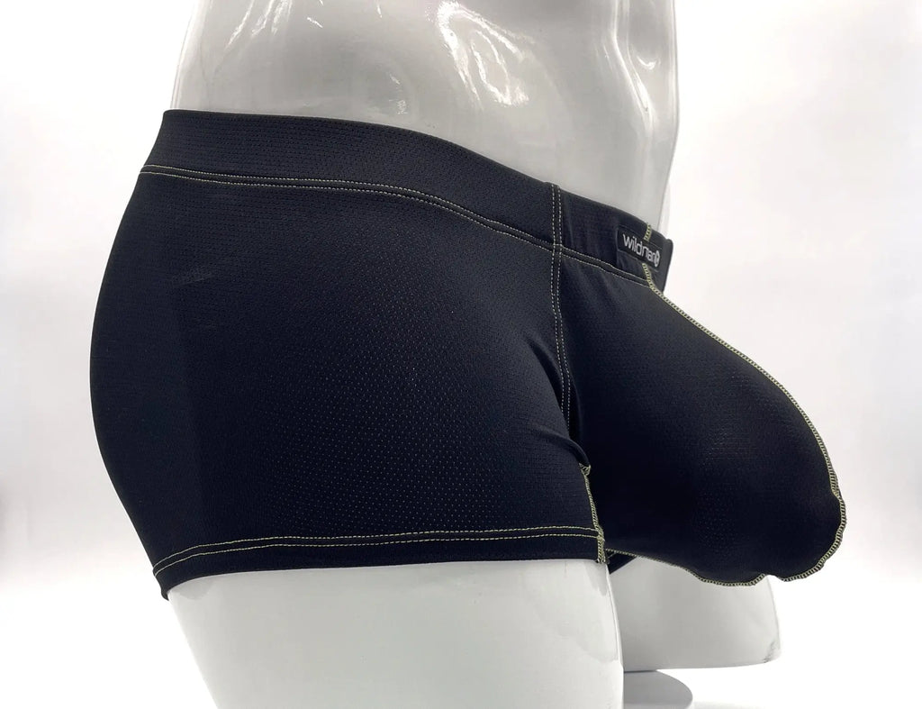 Black Big Boy pouch boxer briefs with yellow stitching, worn on a white mannequin.