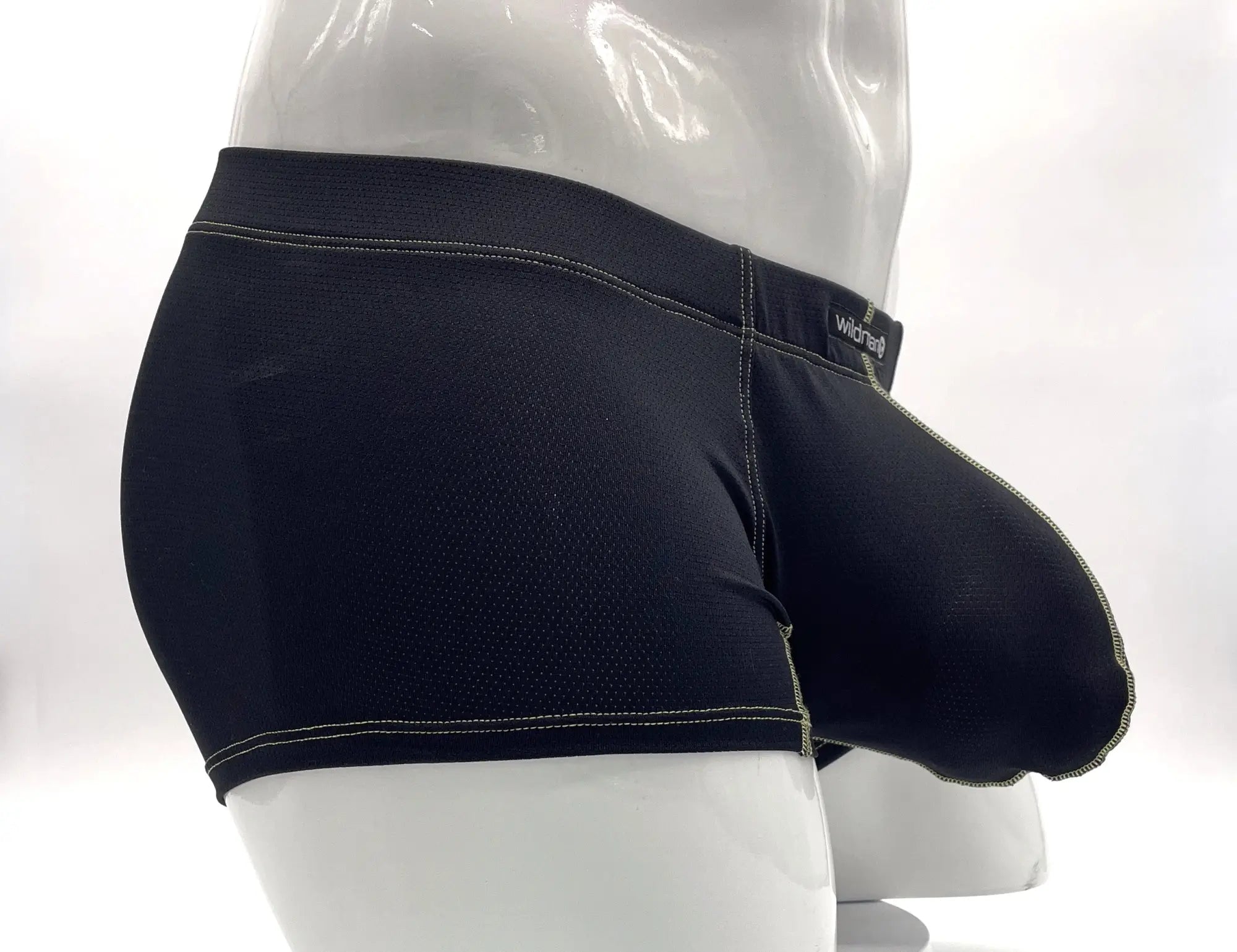 Black Big Boy pouch boxer briefs with yellow stitching, worn on a white mannequin.