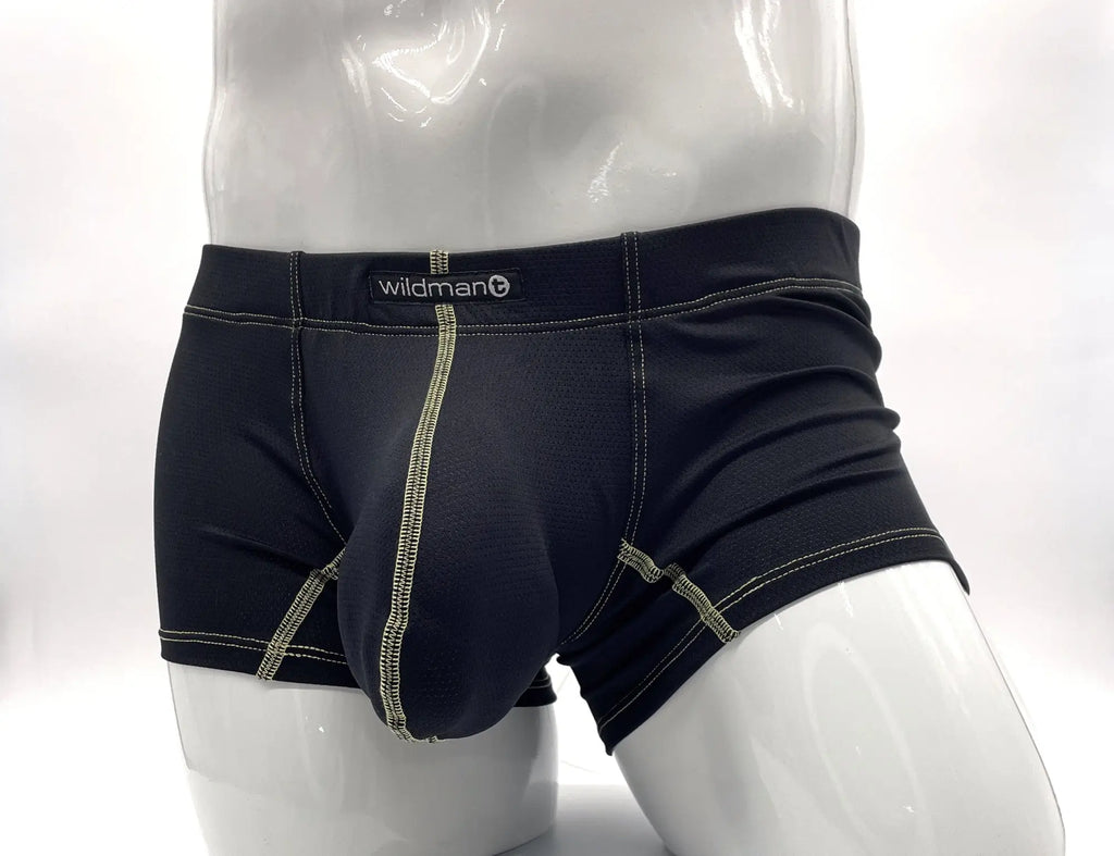 Black boxer briefs with a large front pouch and contrasting yellow stitching, shown on a white mannequin.