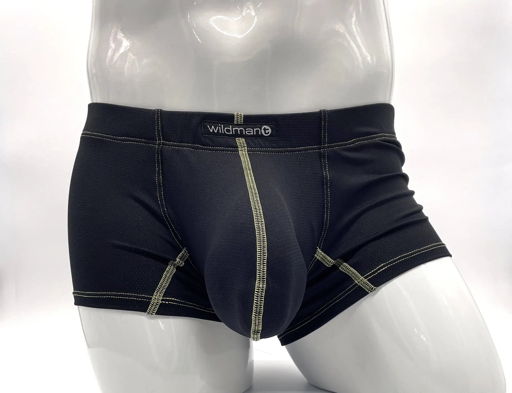 Black Stitch Big Boy pouch boxer briefs with yellow contrast stitching and Wildmant waistband logo on a mannequin torso.