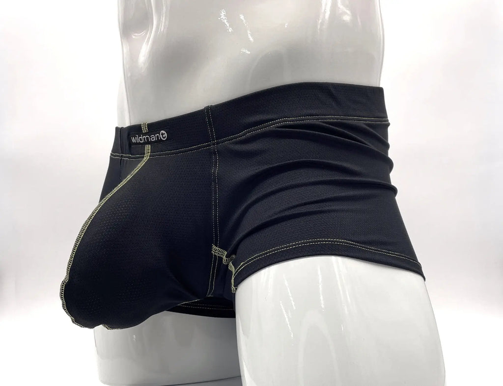 Black "Big Boy" pouch boxer briefs on a mannequin, featuring textured fabric and contrasting yellow stitching.