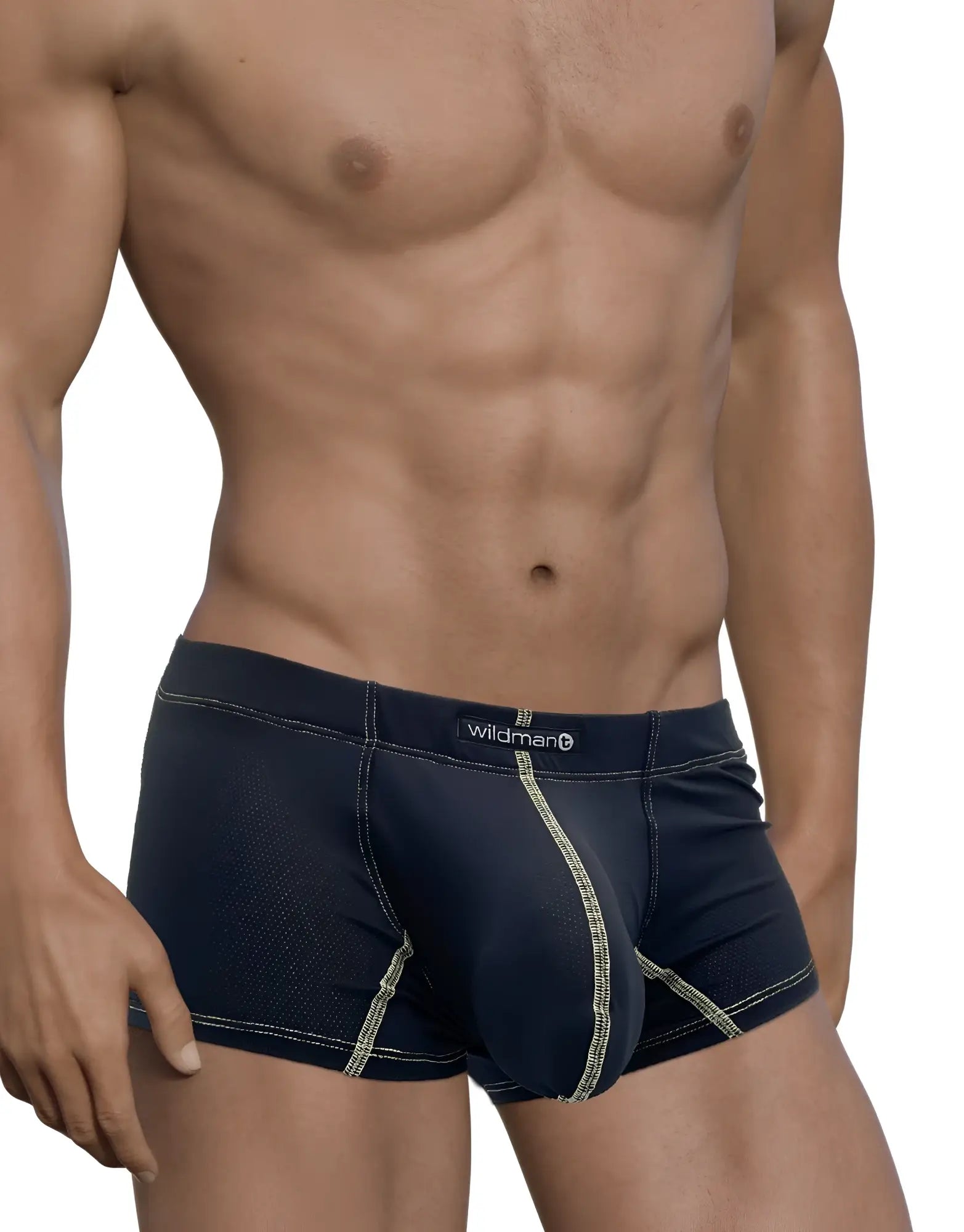 Black pouch boxer briefs with yellow stitching detail, worn by a muscular male model.