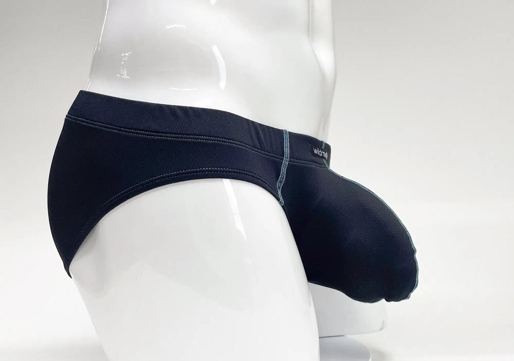 Blue Stitch Big Boy pouch brief on a white mannequin featuring contrast stitching and a prominent contoured front pouch.