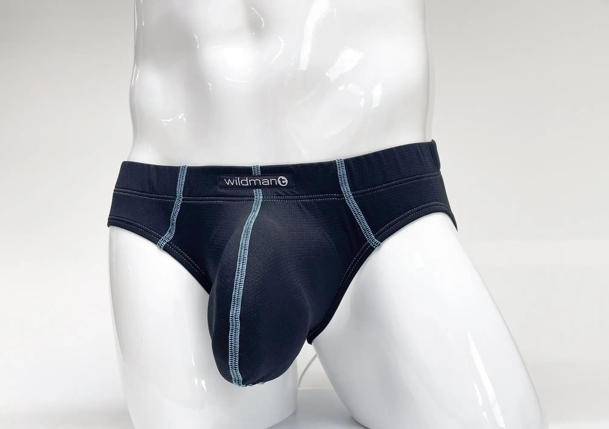 Dark blue mesh pouch brief with light blue contrast stitching and a centered "wildmant" brand logo on a mannequin.