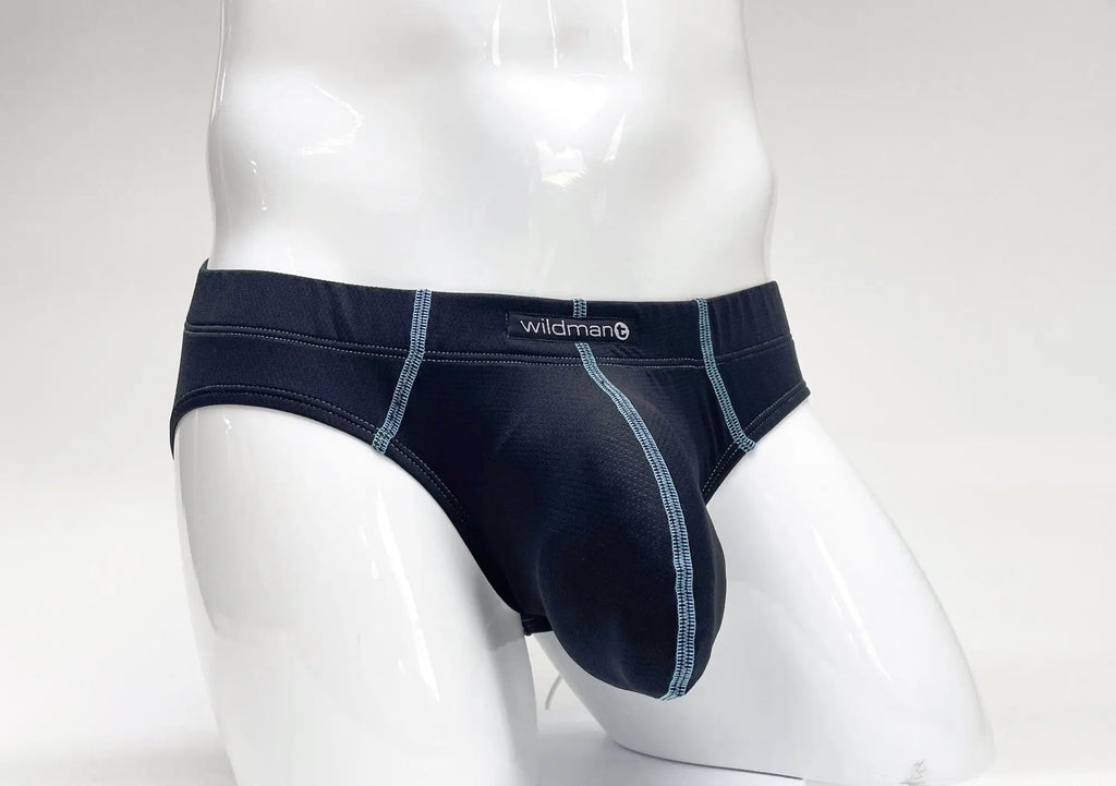 Dark blue Big Boy pouch brief with light blue contrast stitching on a white mannequin torso.