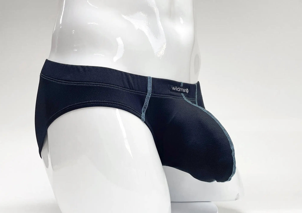 Blue Stitch Big Boy Pouch Brief on a white mannequin, featuring contrast stitching and a Wildman label.