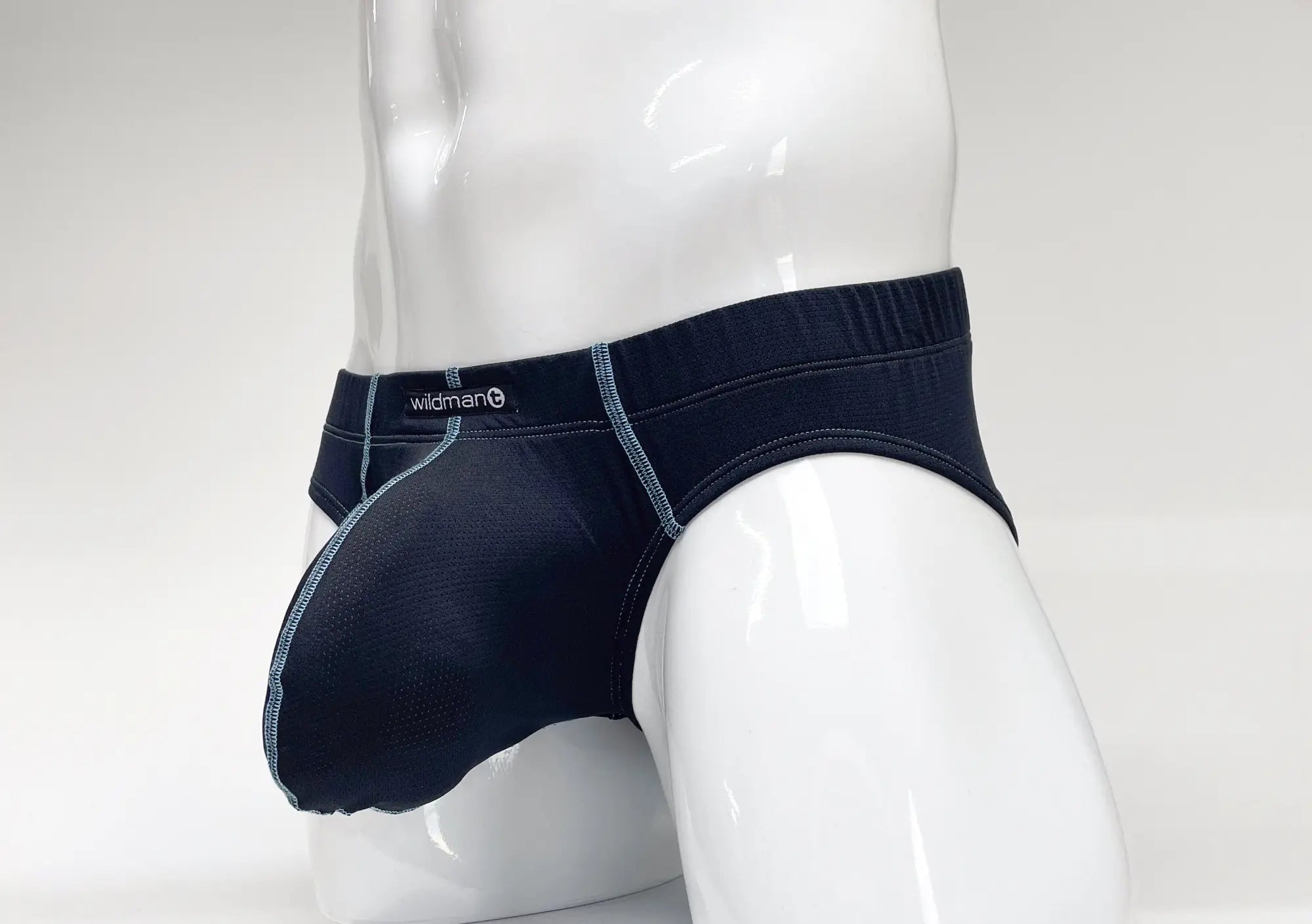 Blue Big Boy pouch brief with contrast stitching and Wildman logo on a white mannequin.
