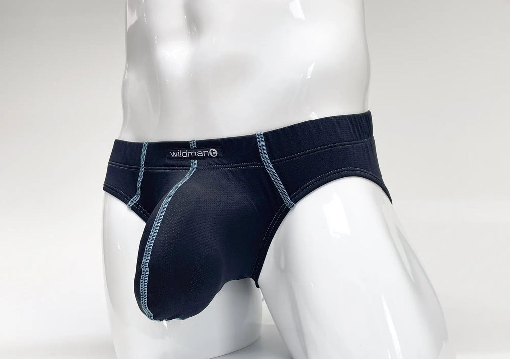 Stitch Big Boy Pouch Brief in navy blue with light blue contrast stitching and a Wildmant logo on a white mannequin.