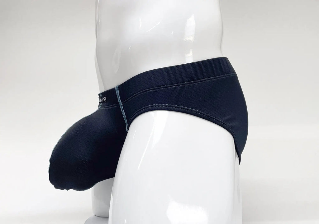 Side view of blue Stitch Big Boy pouch briefs on a white mannequin with light blue contrast stitching.