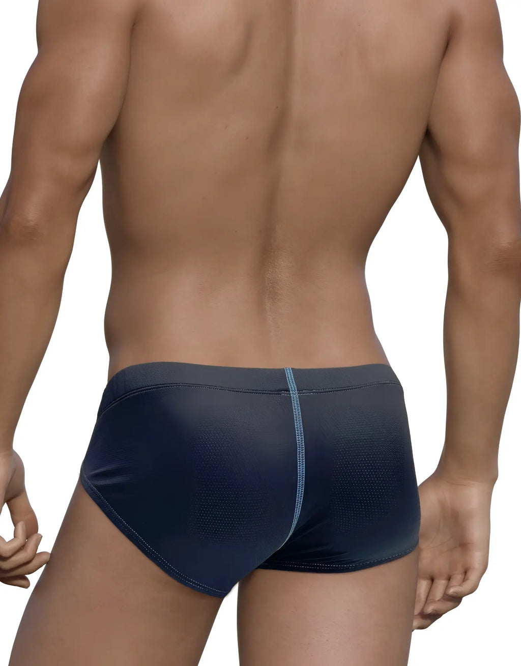 Stitch Big Boy Pouch Brief in blue textured fabric, featuring a dark grey waistband and a central vertical blue stitch.