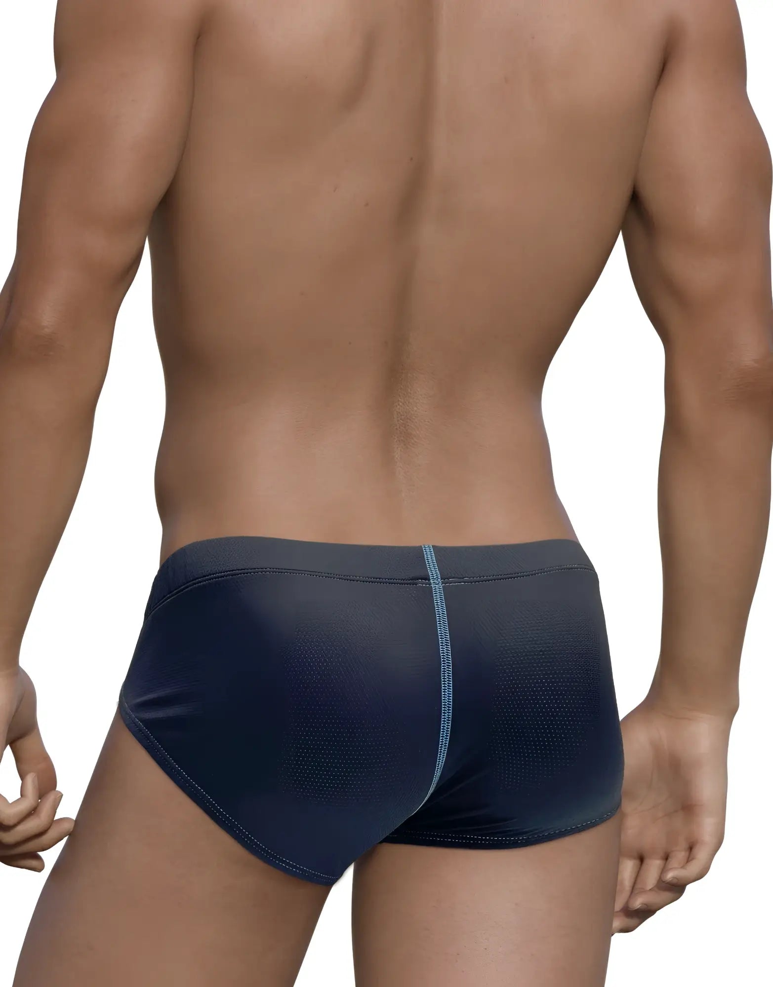 Stitch Big Boy Pouch Brief in blue textured fabric, featuring a dark grey waistband and a central vertical blue stitch.