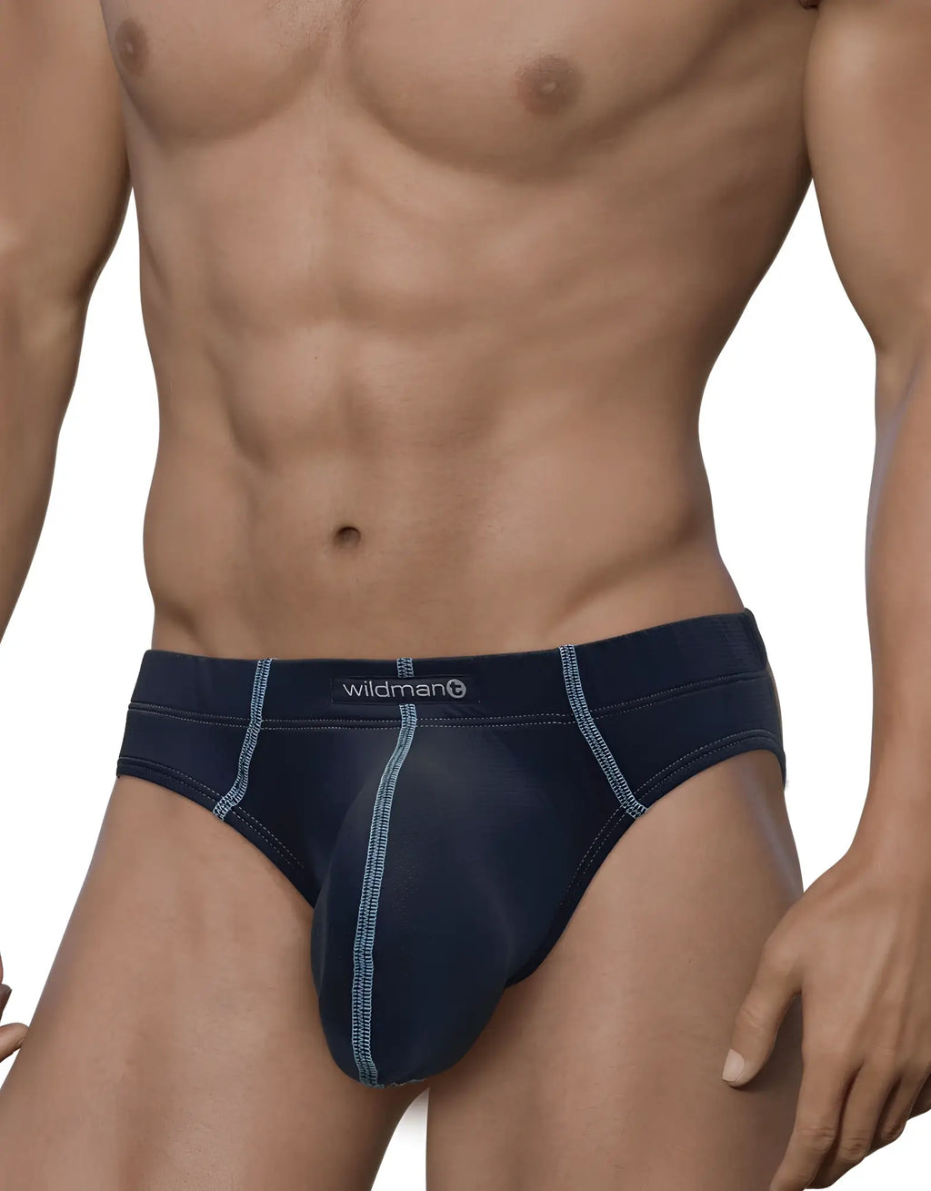 Blue Stitch Big Boy pouch brief with contrast stitching and Wildman logo on the waistband.