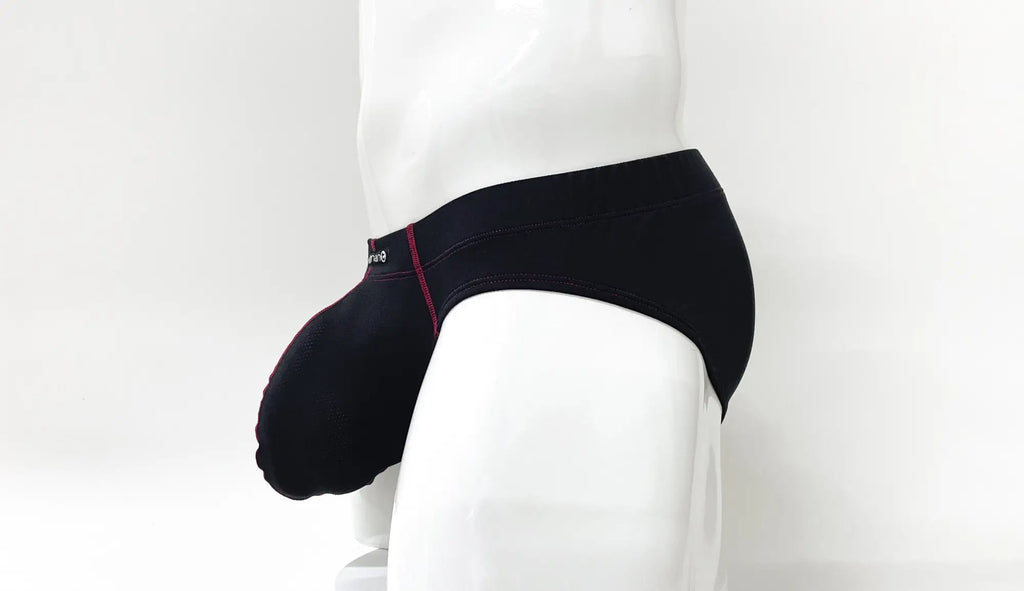 Stitch Big Boy black pouch brief on a white mannequin, featuring distinct red contrast stitching.