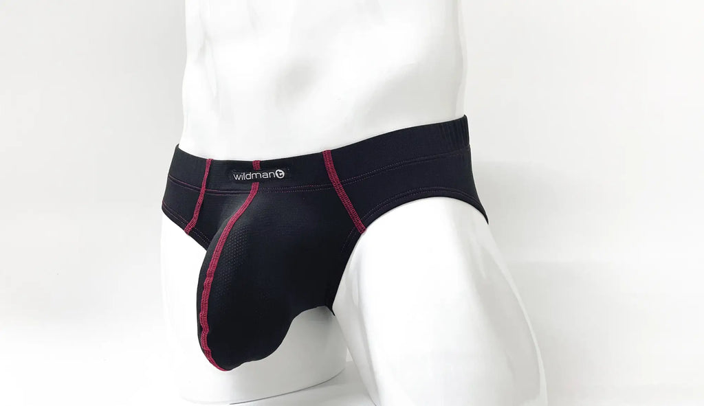 Black Big Boy pouch brief with red contrast stitching and Wildman logo, modeled on a white mannequin.