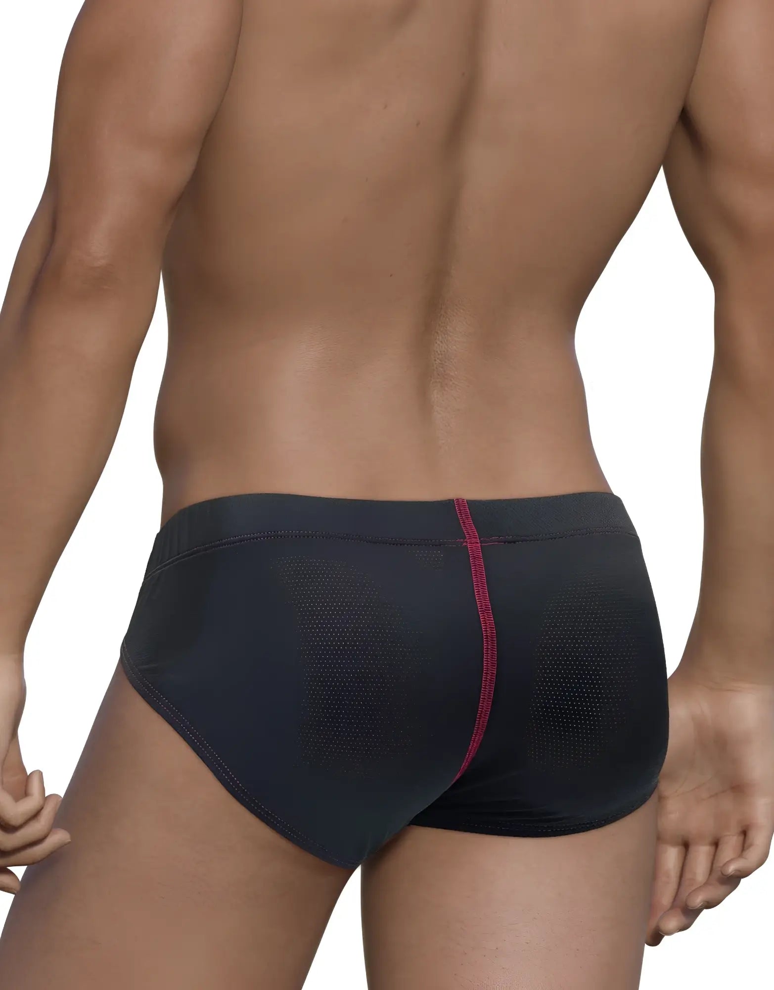 Rear view of a man wearing dark gray mesh pouch briefs with contrasting red stitching detail on a white background.