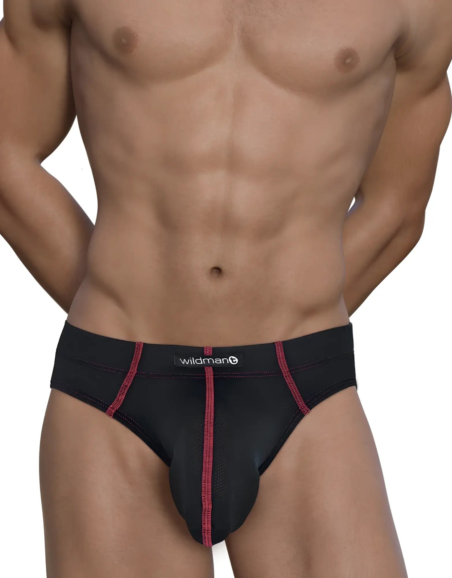 Black Stitch Big Boy pouch brief with contrast red stitching and Wildman logo on the front waistband.