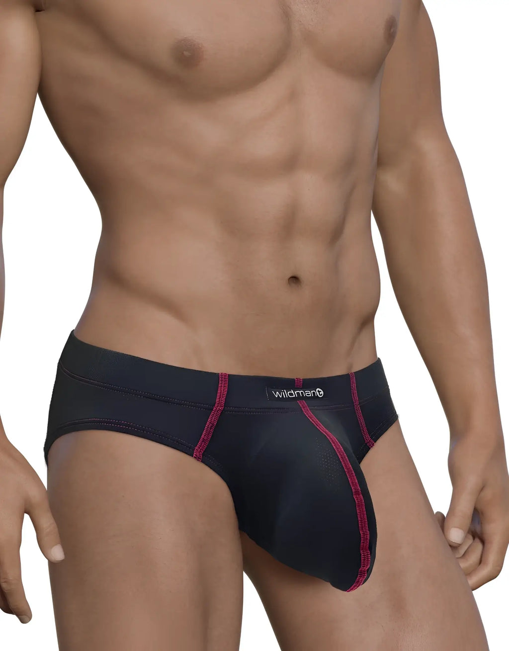 Black WildmanT pouch brief with red contrast stitching and a prominent, contoured front pouch.