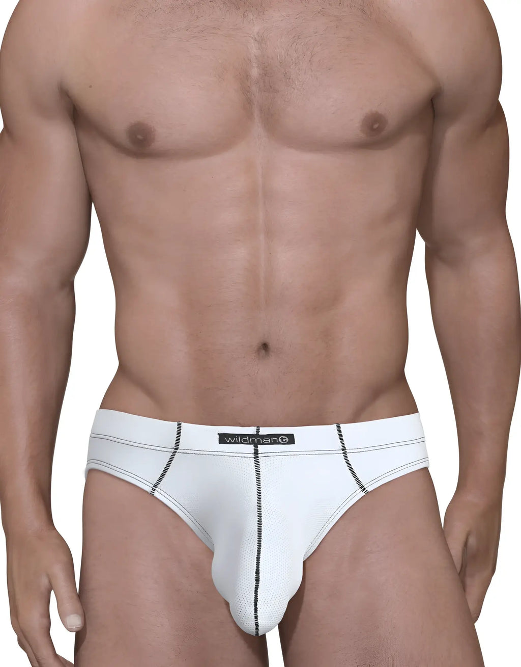 White pouch briefs featuring a textured mesh fabric, black contrast stitching, and a centered Wildman brand label.