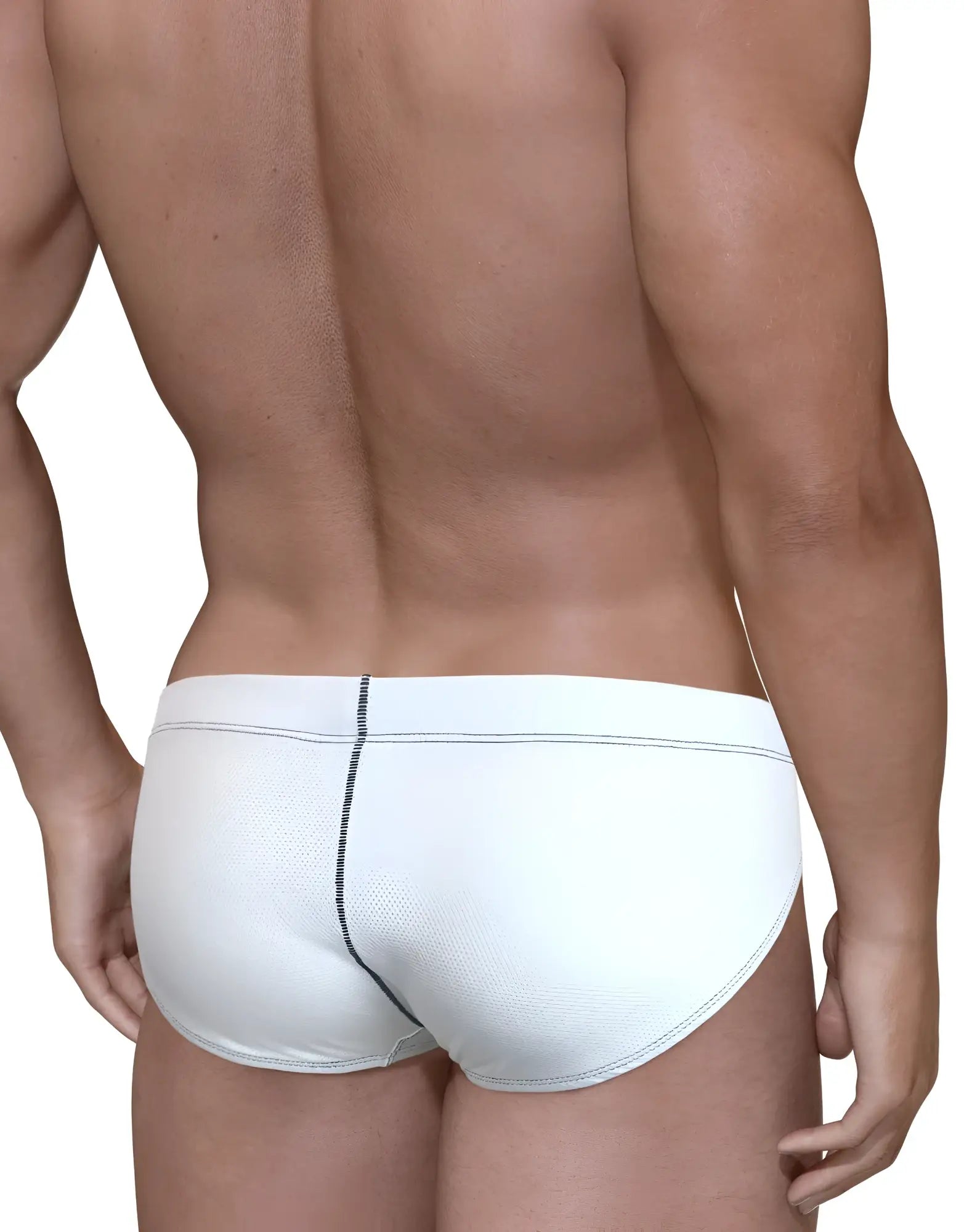 White, micro-mesh pouch brief with contrasting dark vertical center seam and trim, viewed from the back.