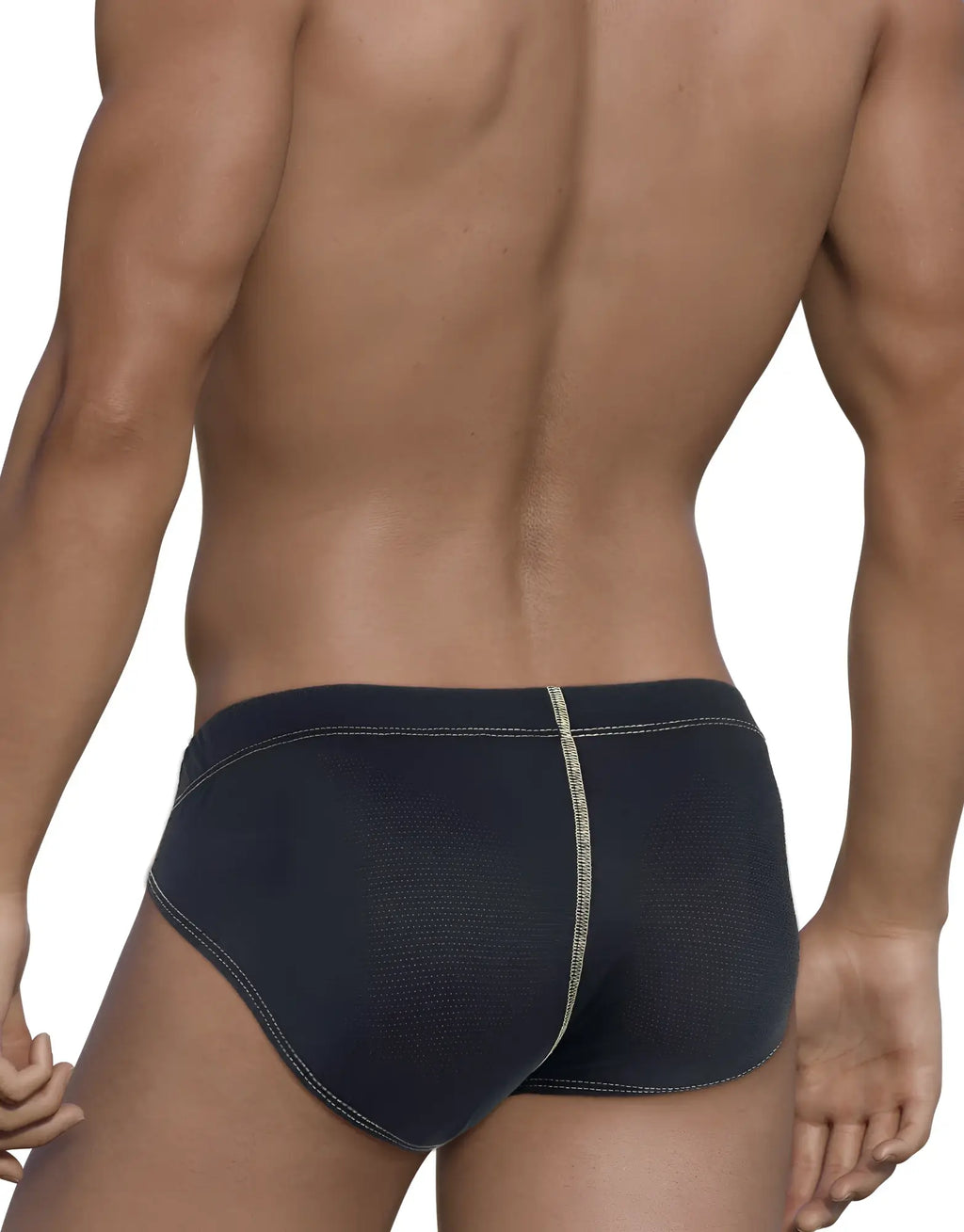 Rear view of a man wearing a black textured pouch brief with contrasting yellow stitching detail.
